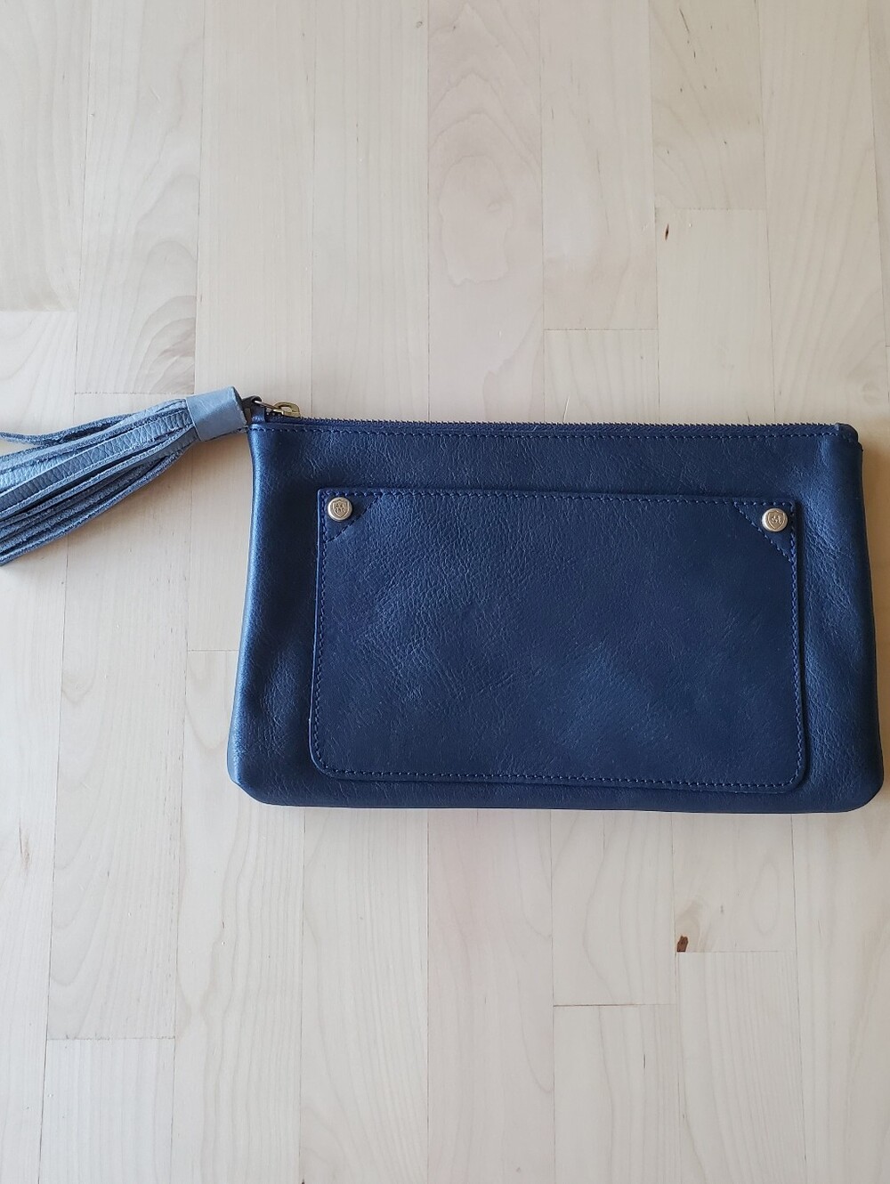 Massimo Dutti Leather Tassel Wristlet Clutch in Navy